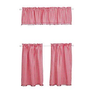 Pioneer Woman Gingham Kitchen Window Curtain White Red Pompom Edging 3-Piece NIP